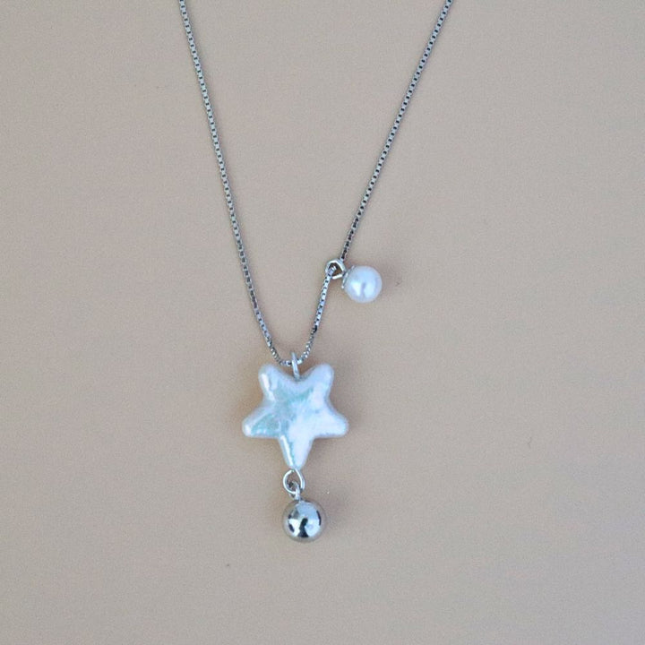 Pearlpals Star shaped Baroque pearls pendant and 4mm round pearl sterling silver adjustable necklace