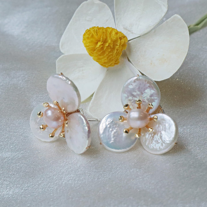 Pearlpals freshwater baroque pearls stud earrings delicately crafted with three petal-shaped pearls surrounding a central pearl bud