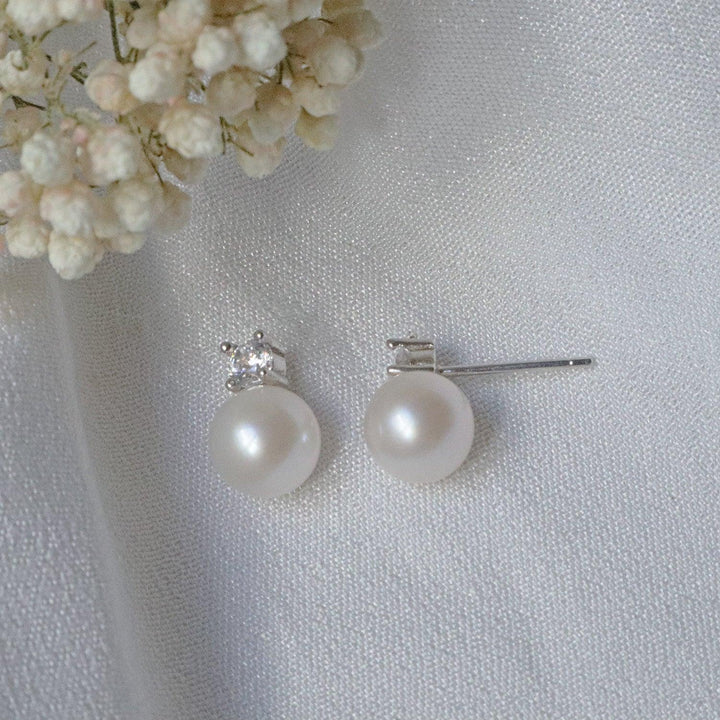 Pearlpals 7mm freshwater pearl stud earrings in sterling silver with diamond