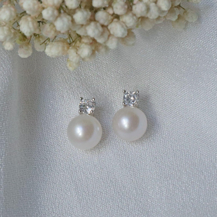 Pearlpals 7mm freshwater pearl stud earrings in sterling silver with diamond