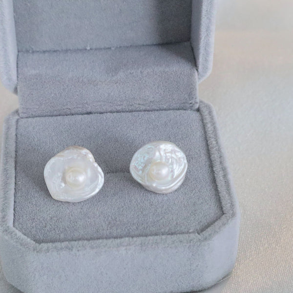 sterling Silver, freshwater baroque pearl stud earrings, modern design, gift idea