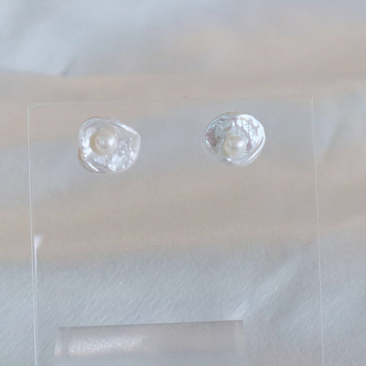sterling Silver, freshwater baroque pearl stud earrings, modern design, gift idea