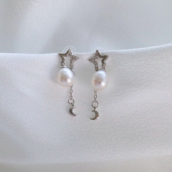 Star, moon and Caelum with 6.5mm drop pearl earrings in sterling silver