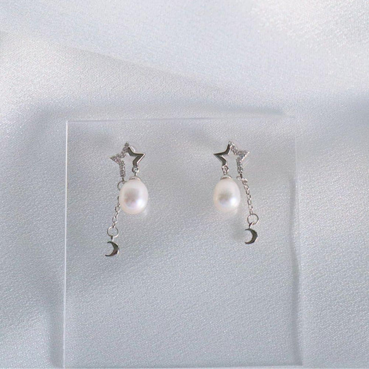 Star, moon and Caelum with 6.5mm drop pearl earrings in sterling silver