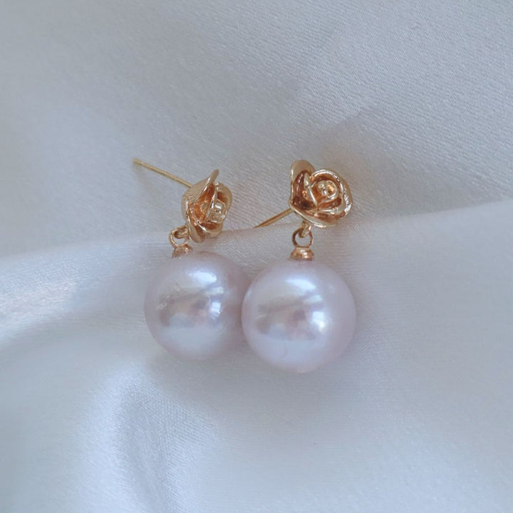 Pearpals gold rose with 13mm freshwater round pearls earrings in gold plated