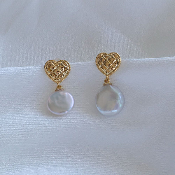Pearpals Coin baroque pearls earrings with Pineapple heart in gold plated