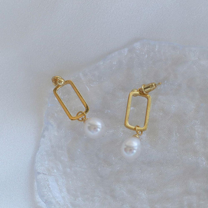 Pearpals gold hollow square with 7mm freshwater drop pearl earrings in gold vermeil