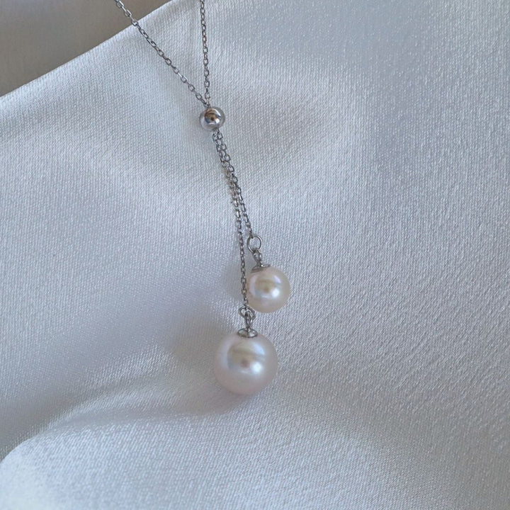 Pearlpals adjustable 10mm and 8mm double pearls necklace in sterling silver