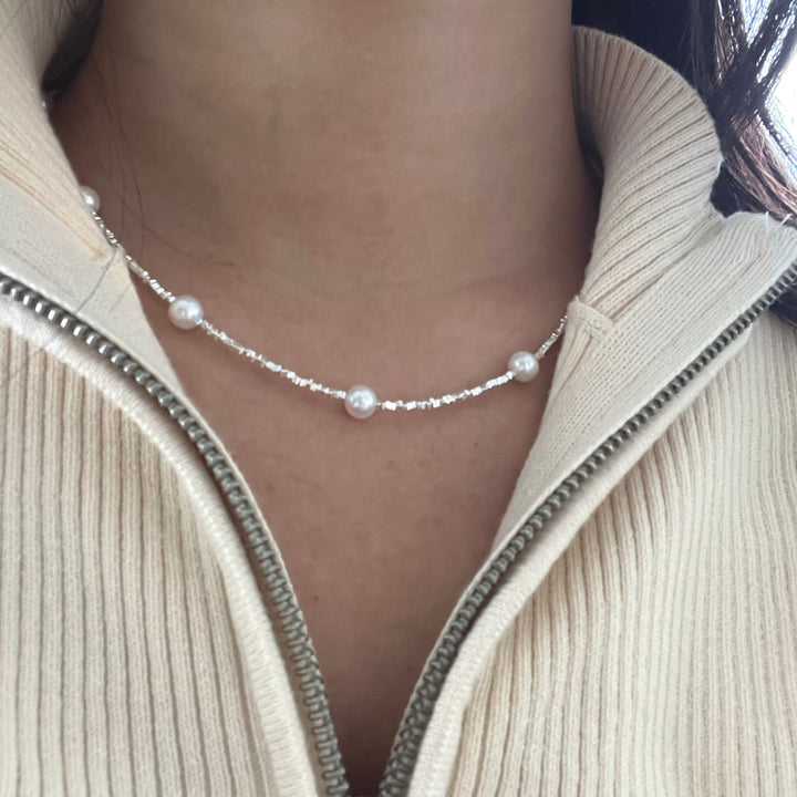 Silver freshwater pearl necklace, modern design, fine jewellery, gift idea