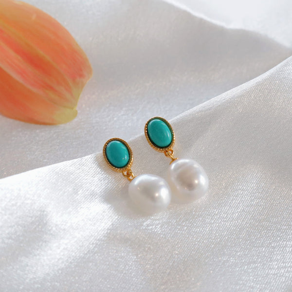 Pearlpals baroque pearls stud earrings with green turquoise in gold vermeil