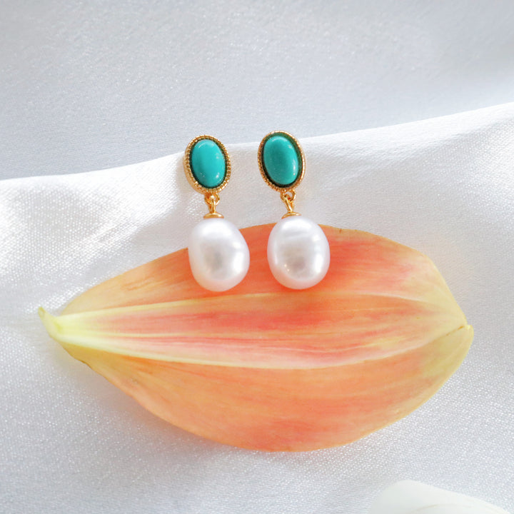 Pearlpals NATURAL TURQUOISE-natural baroque pearls earrings-gold vermeil