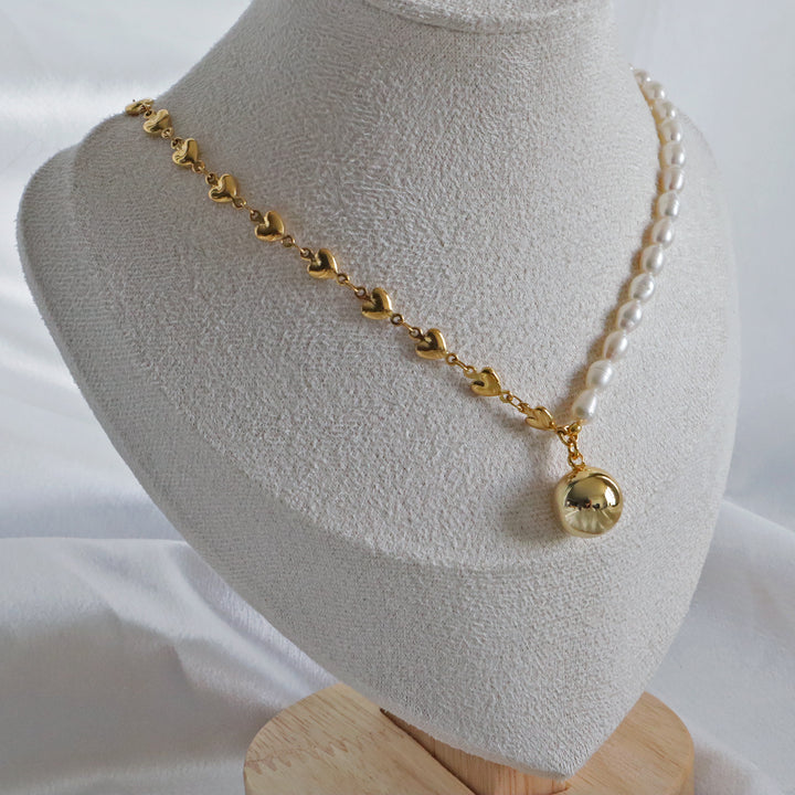 Pearlpals COCO-Heart and Pearl Necklace with Golden Ball Pendant