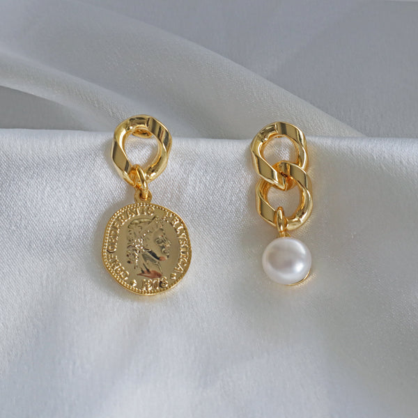 Asymmetrical Coin and Freshwater Pearl Earrings In Gold Plated