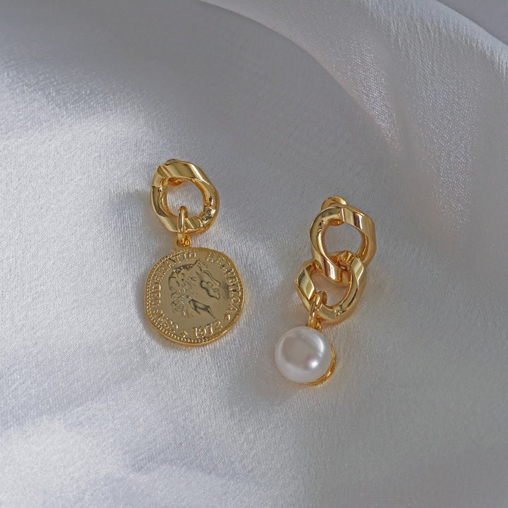 Asymmetrical Coin and Freshwater Pearl Earrings In Gold Plated