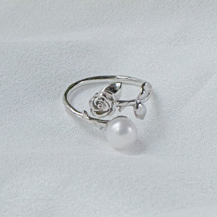 Lydia Sterling Silver Pearl Ring with 6mm AAA-grade Pearl and Silver Rose