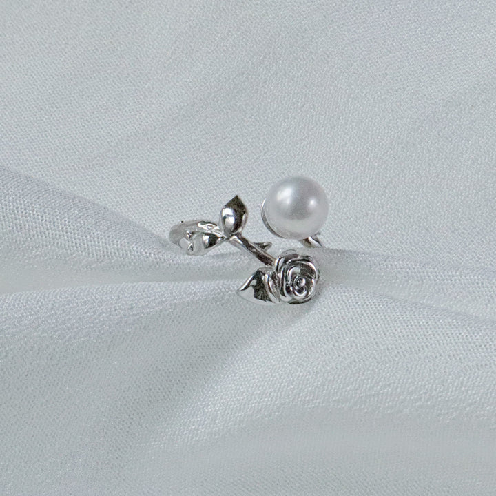 Lydia Sterling Silver Pearl Ring with 6mm AAA-grade Pearl and Silver Rose