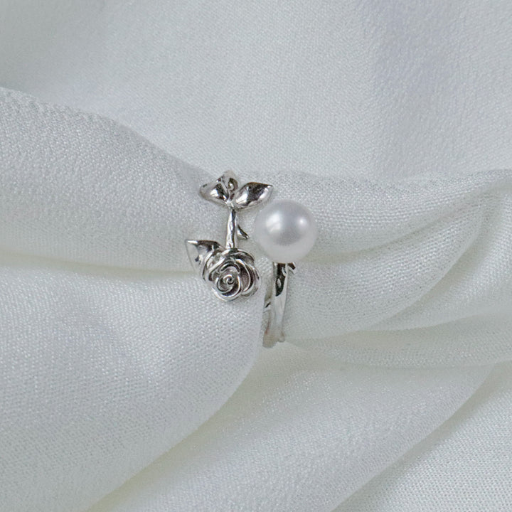 Pearlpals Lydia Sterling Silver Pearl Ring with 6mm AAA-grade Pearl and Silver Rose