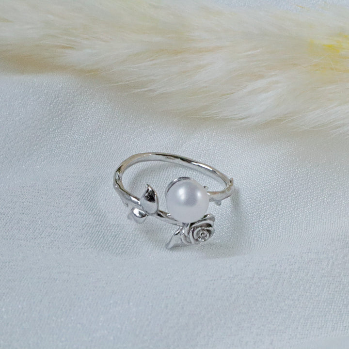 Lydia Sterling Silver Pearl Ring with 6mm AAA-grade Pearl and Silver Rose Pearlpals