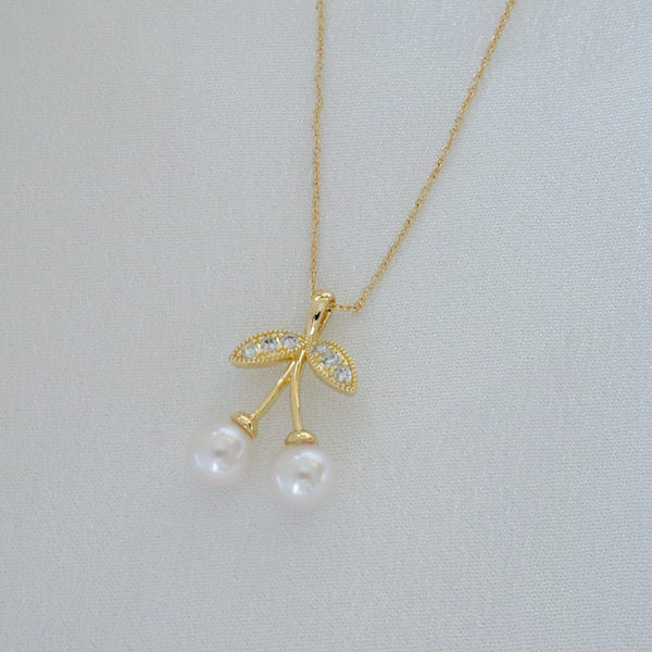 Pearlpals Harvest - Double 7mm AAA Pearl Pendant Necklace in a cherry shaped and gold plated materials